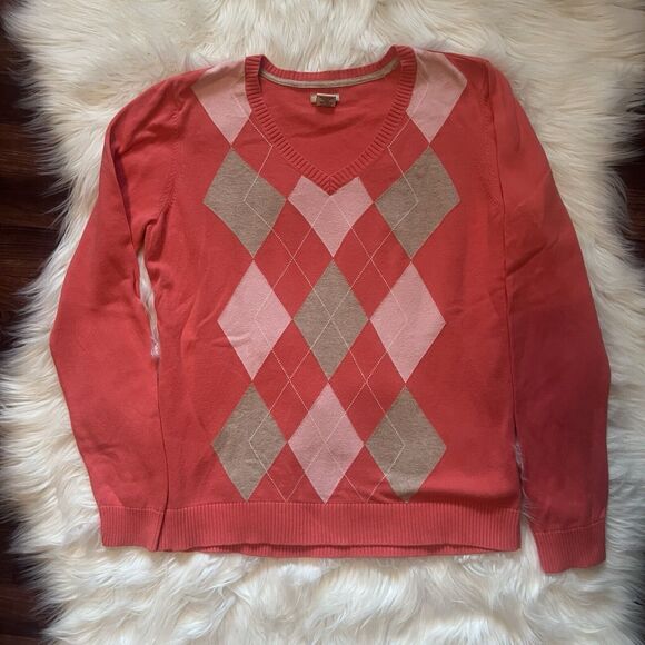Argyle Sweater Large Izod Salmon Cotton Pink Tan Long Sleeves V Neck Preppy Golf - Picture 3 of 11